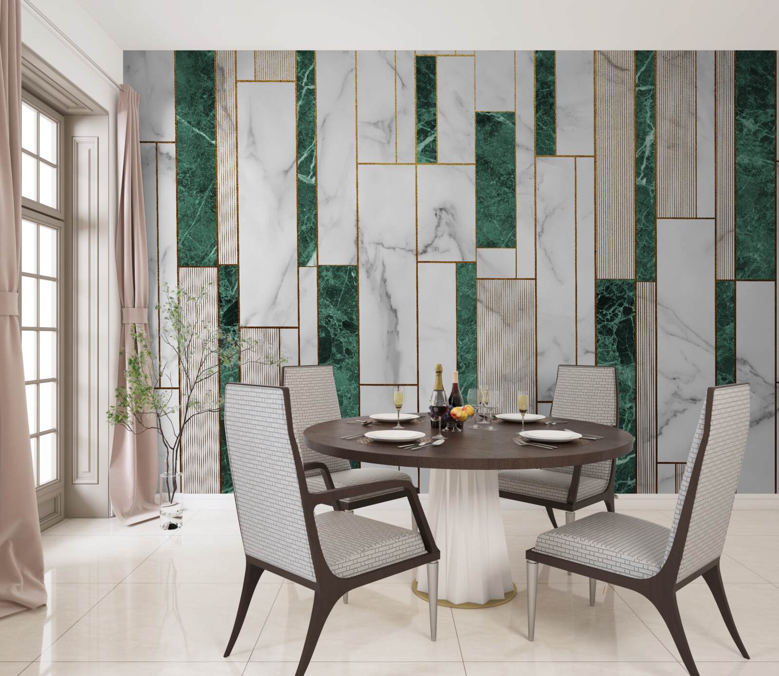 Papier peint carreaux blancs et verts en orientation verticale avec des accents dorés