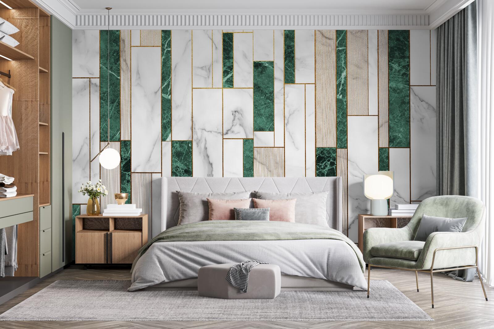 Papier peint carreaux blancs et verts en orientation verticale avec des accents dorés