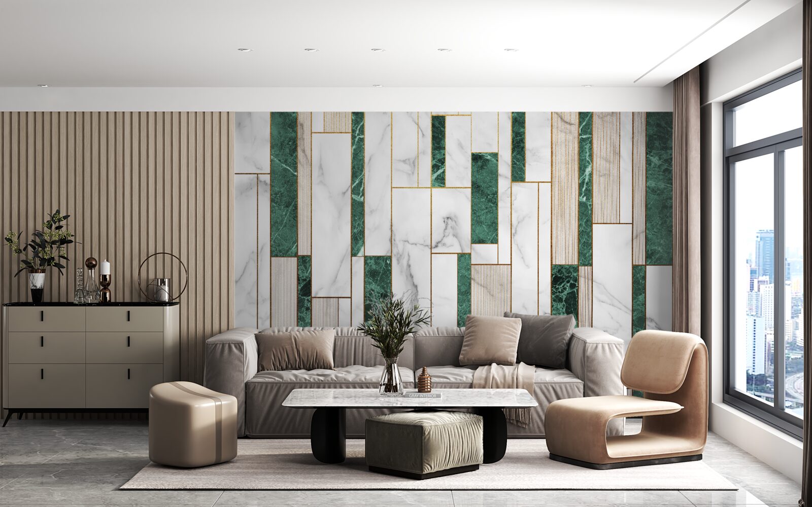 Papier peint carreaux blancs et verts en orientation verticale avec des accents dorés