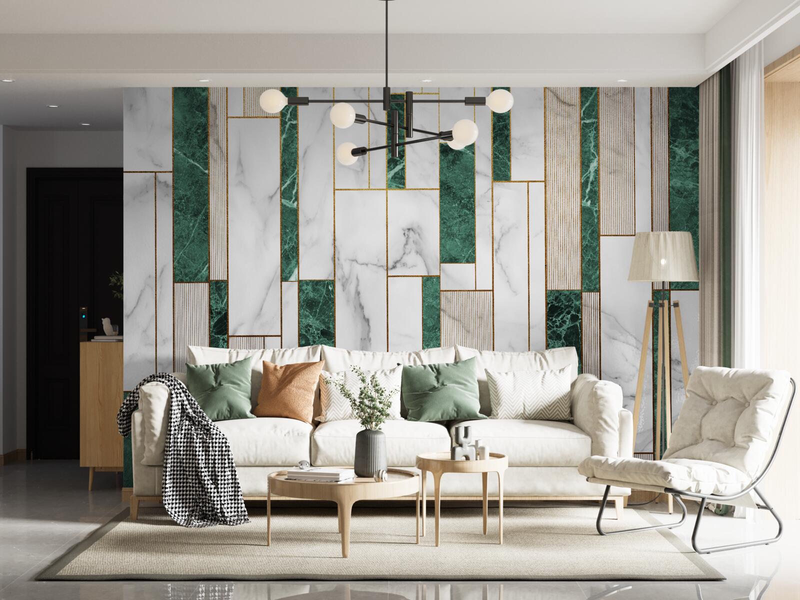 Papier peint carreaux blancs et verts en orientation verticale avec des accents dorés