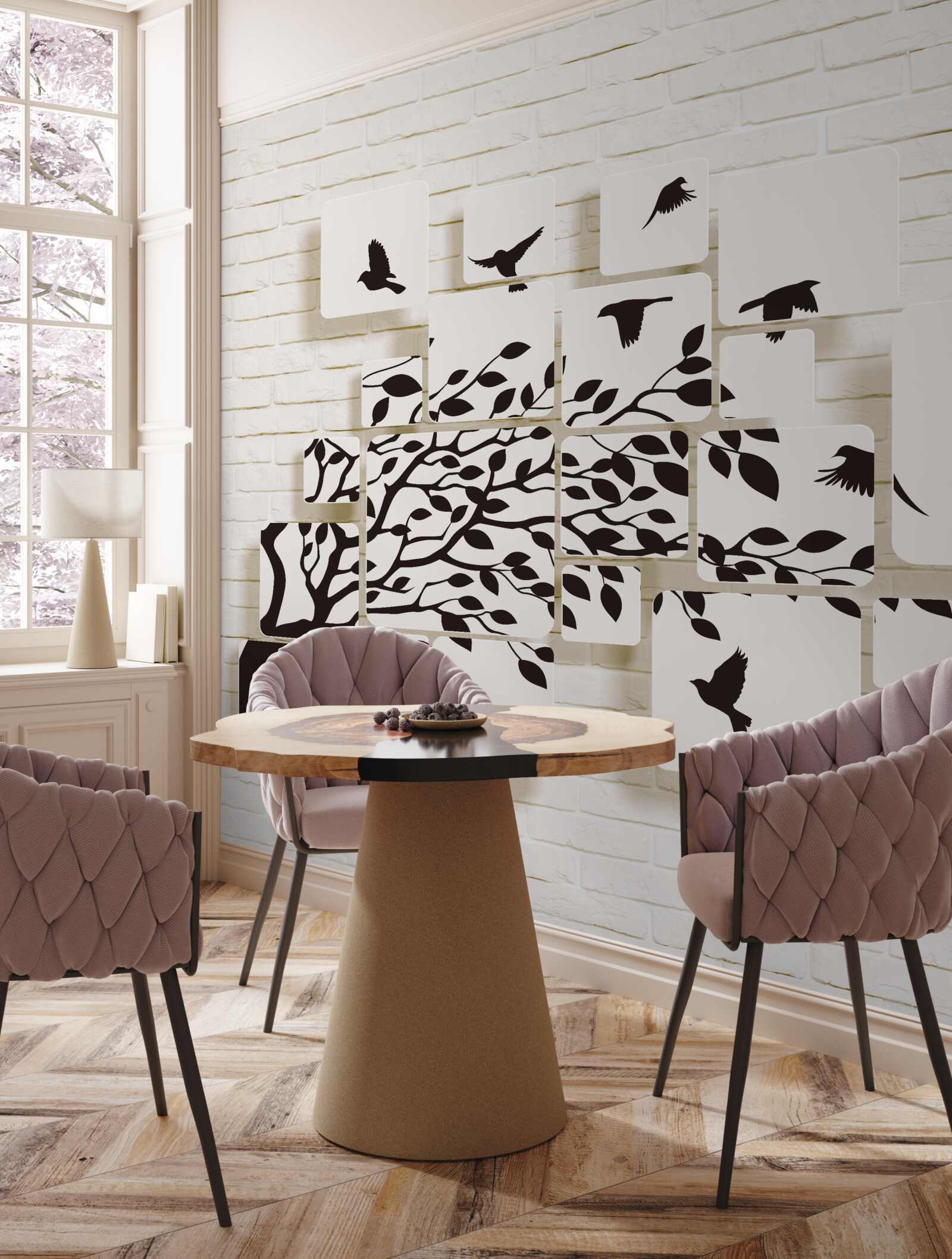 Papier peint les oiseaux quittent l'arbre sous l'effet d'un coup de vent