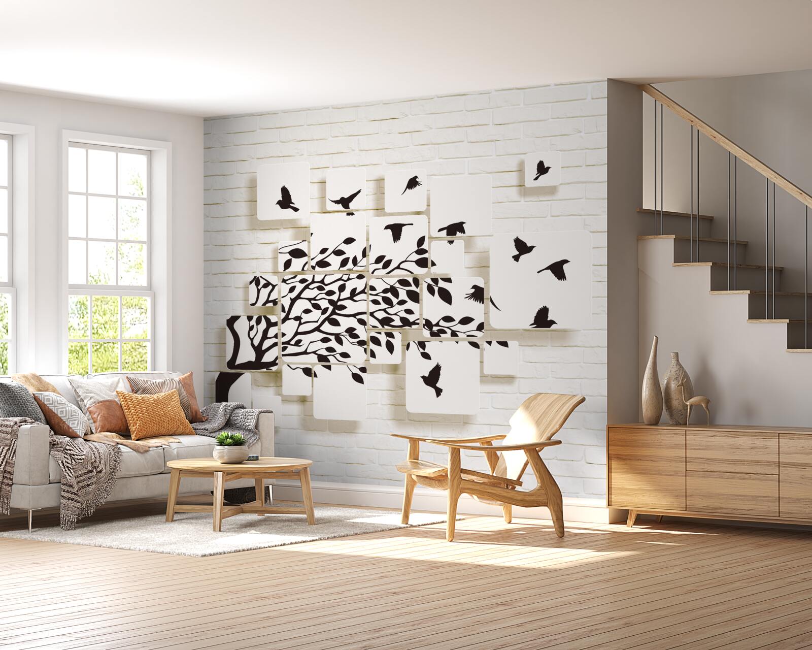 Papier peint les oiseaux quittent l'arbre sous l'effet d'un coup de vent