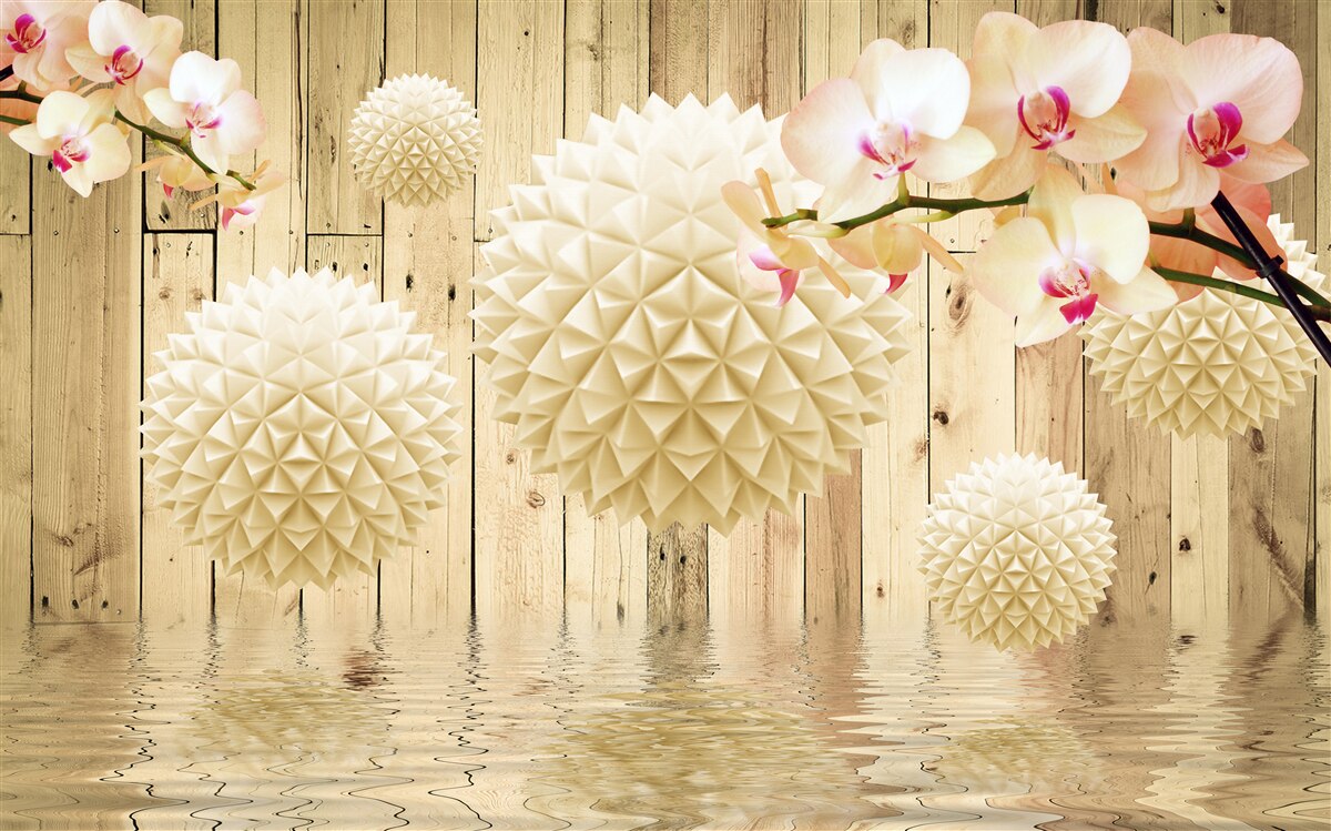 Papier peint formes circulaires flottantes avec des branches d'orchidées