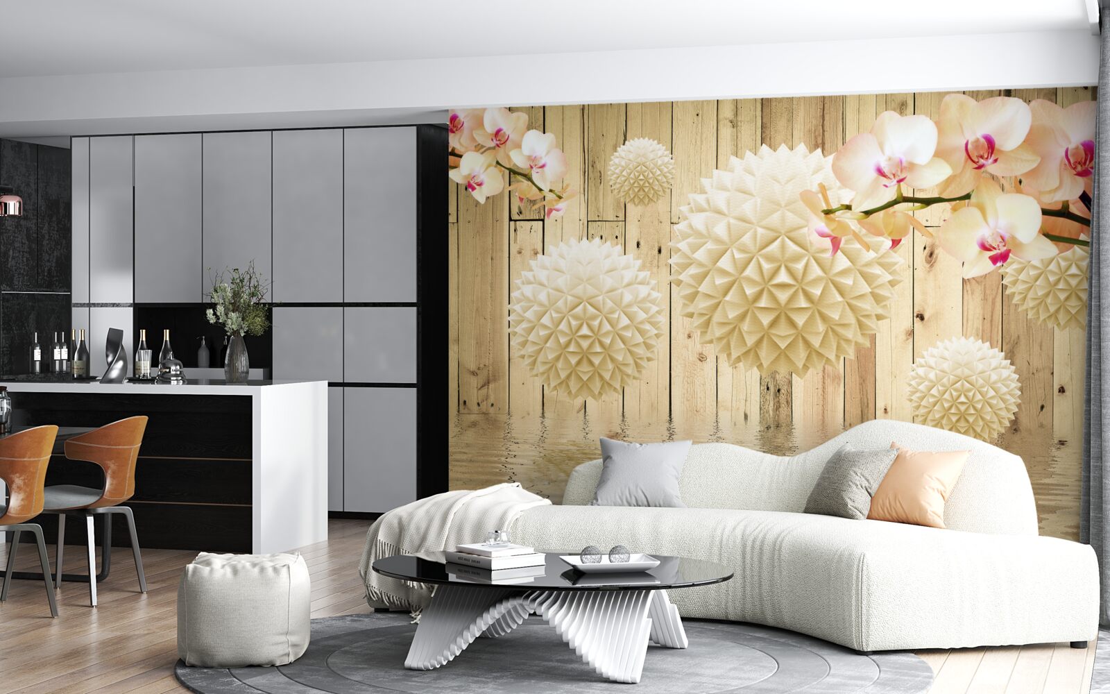 Papier peint formes circulaires flottantes avec des branches d'orchidées