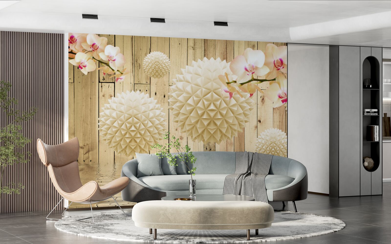 Papier peint formes circulaires flottantes avec des branches d'orchidées