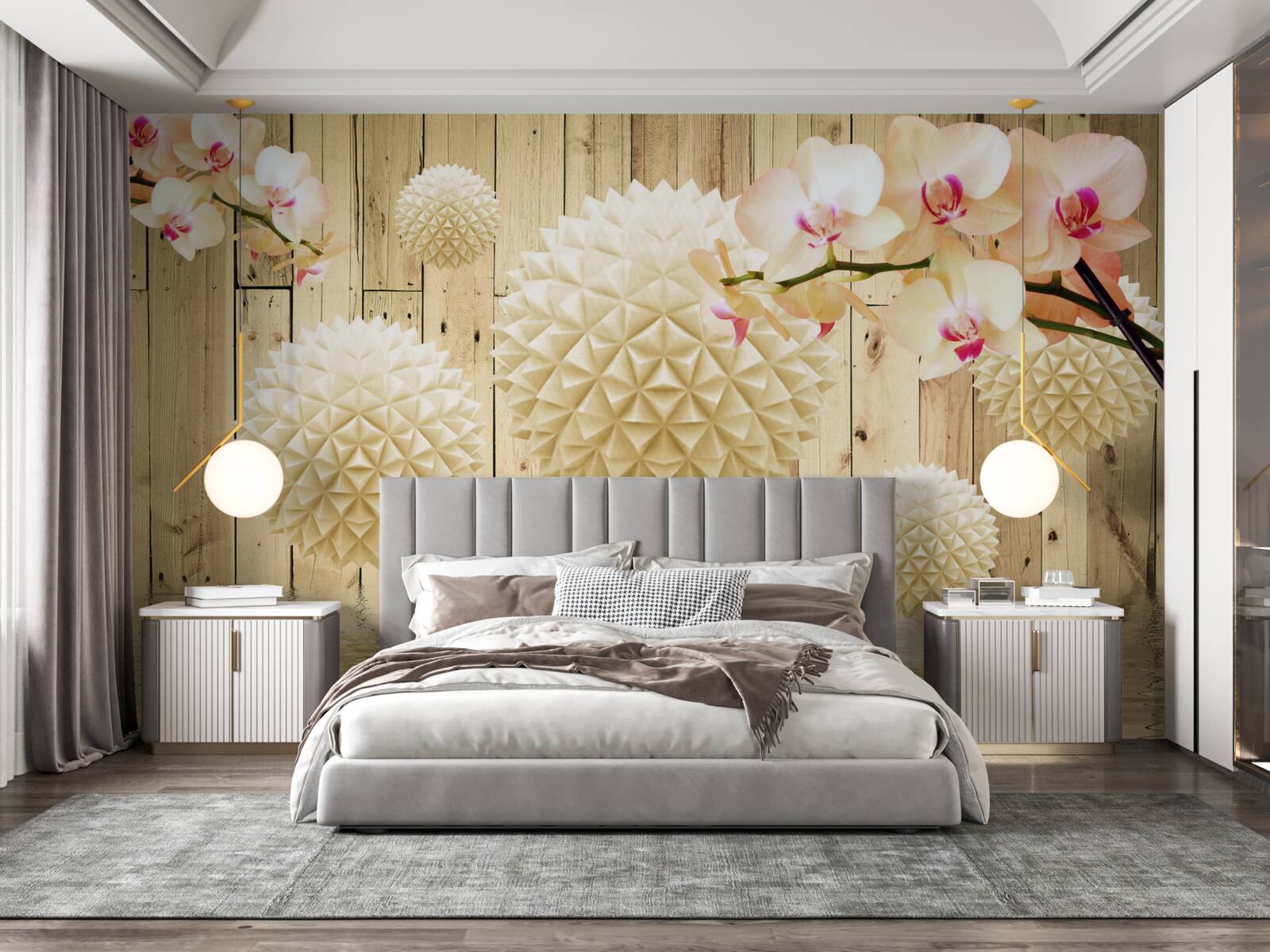 Papier peint formes circulaires flottantes avec des branches d'orchidées