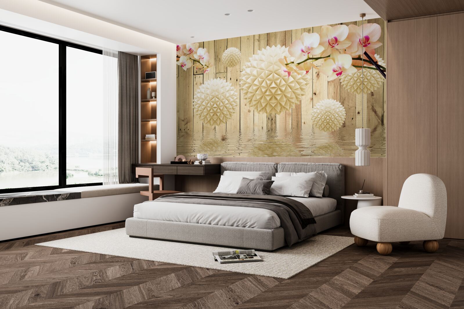 Papier peint formes circulaires flottantes avec des branches d'orchidées