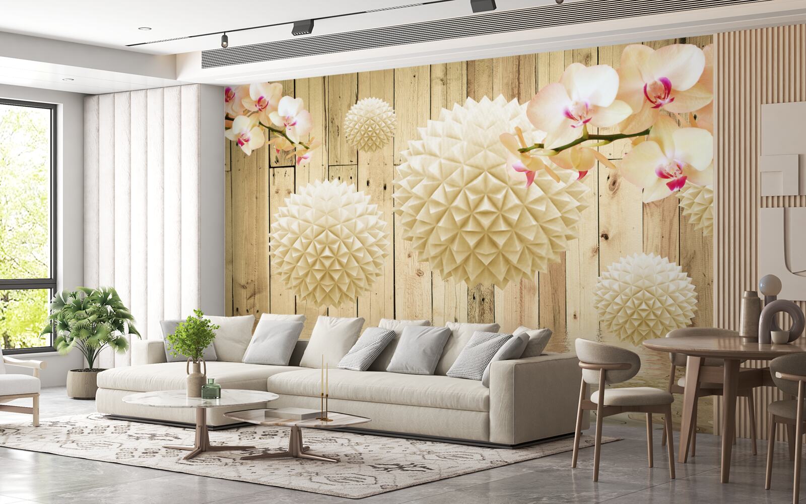 Papier peint formes circulaires flottantes avec des branches d'orchidées