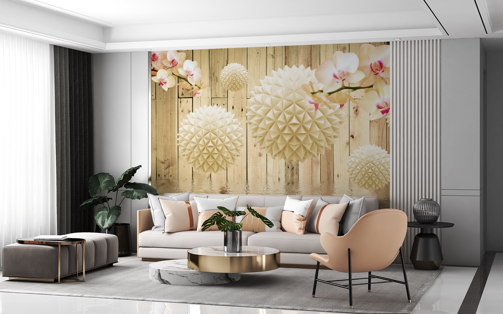 Papier peint formes circulaires flottantes avec des branches d'orchidées