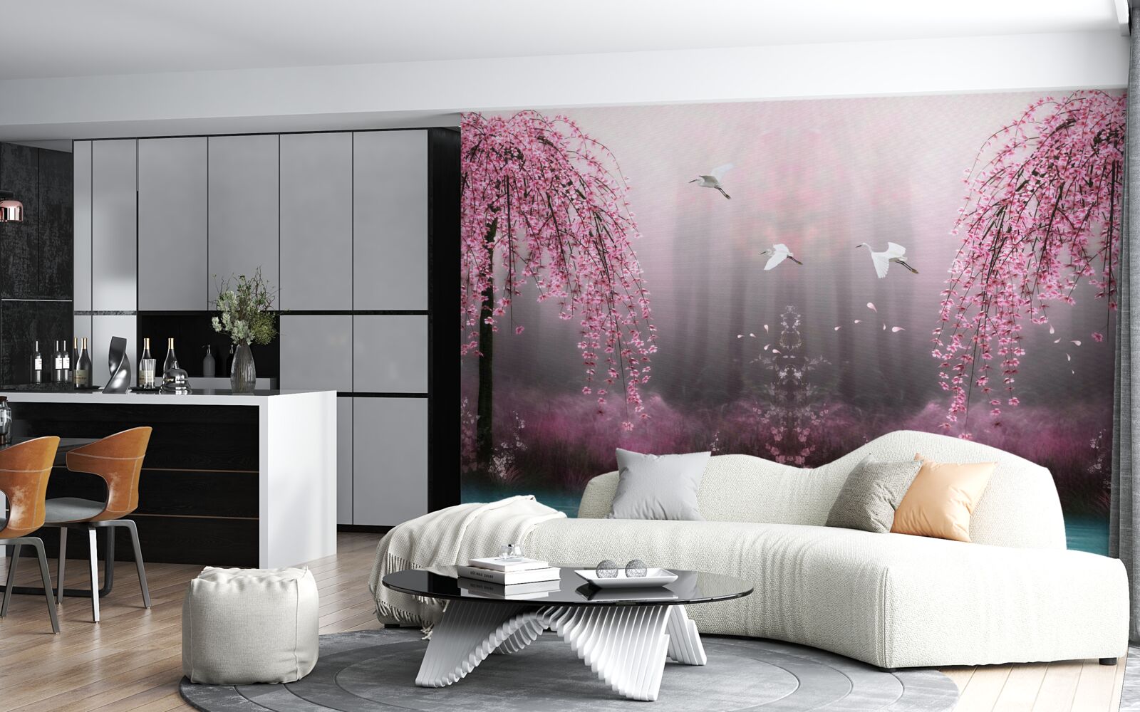 Papier peint Le soir, près de l'eau bleutée, les branches de sakura alignées en rangs serrés rendent le paysage pittoresque