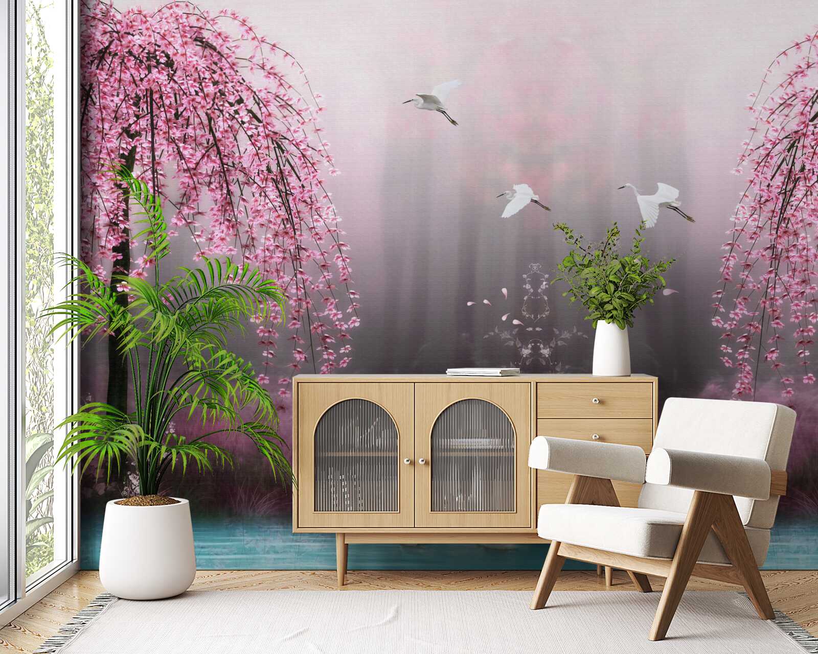 Papier peint Le soir, près de l'eau bleutée, les branches de sakura alignées en rangs serrés rendent le paysage pittoresque