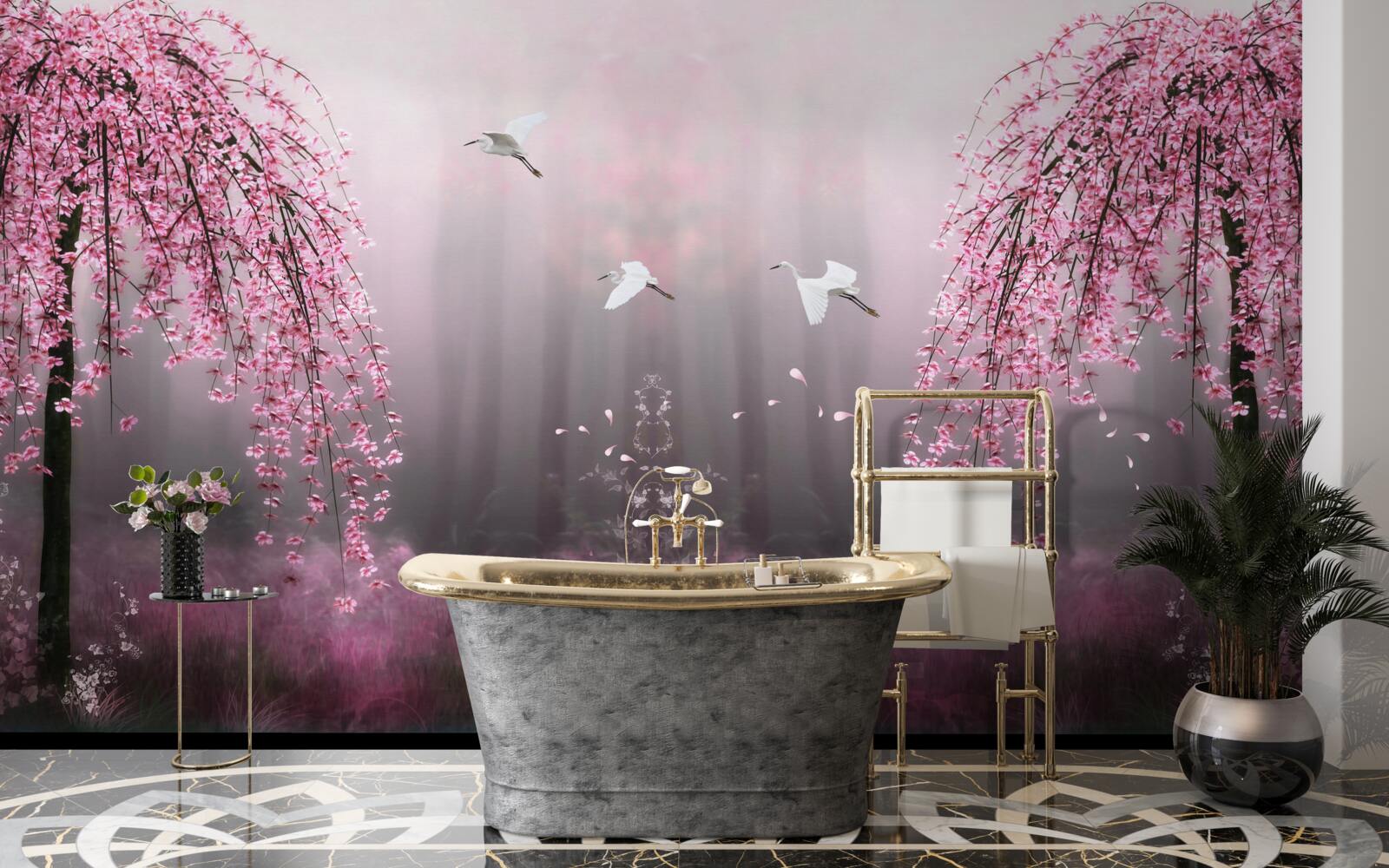 Papier peint Le soir, près de l'eau bleutée, les branches de sakura alignées en rangs serrés rendent le paysage pittoresque