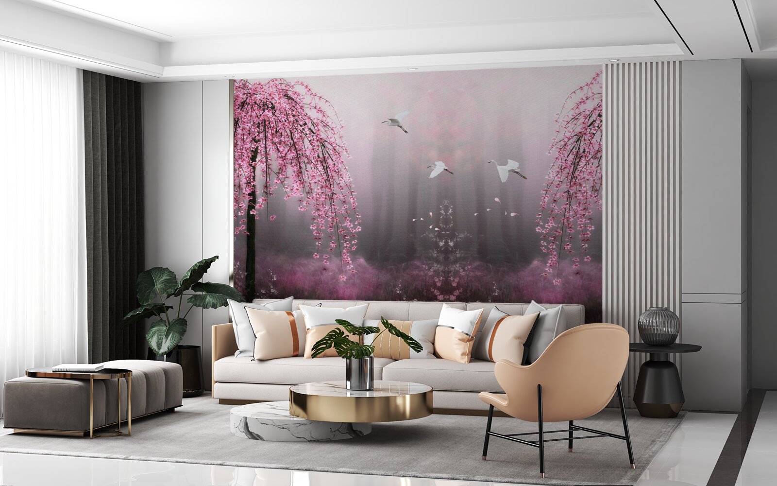 Papier peint Le soir, près de l'eau bleutée, les branches de sakura alignées en rangs serrés rendent le paysage pittoresque