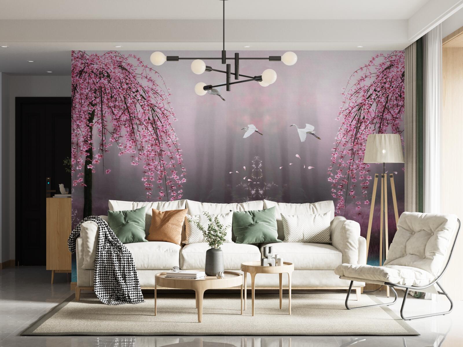 Papier peint Le soir, près de l'eau bleutée, les branches de sakura alignées en rangs serrés rendent le paysage pittoresque