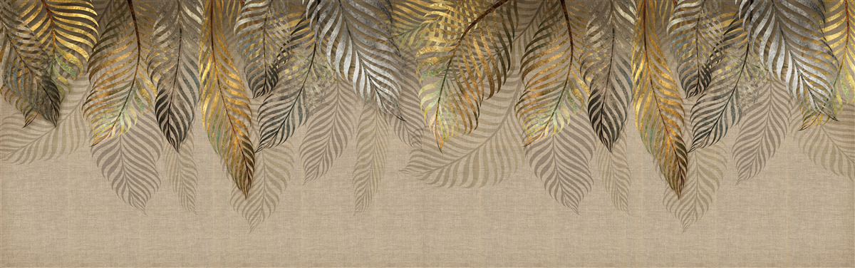 Papier peint feuilles de fougère dorées sur fond brun