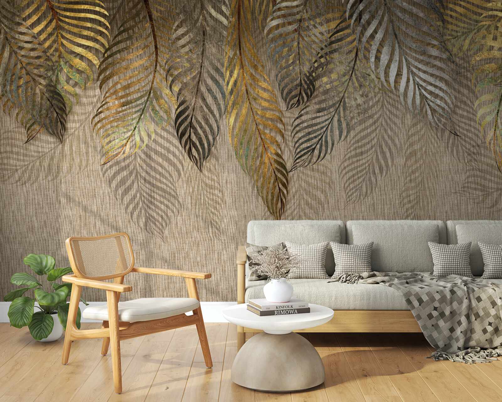 Papier peint feuilles de fougère dorées sur fond brun