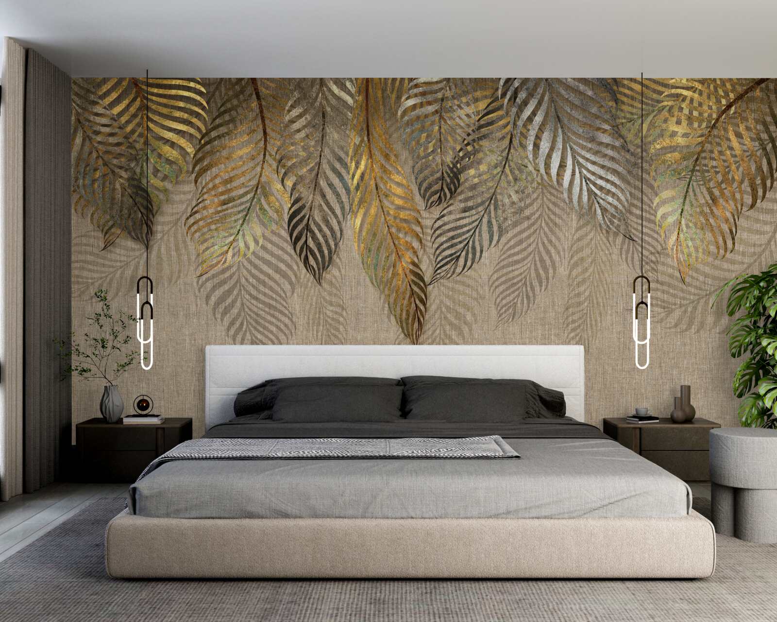 Papier peint feuilles de fougère dorées sur fond brun