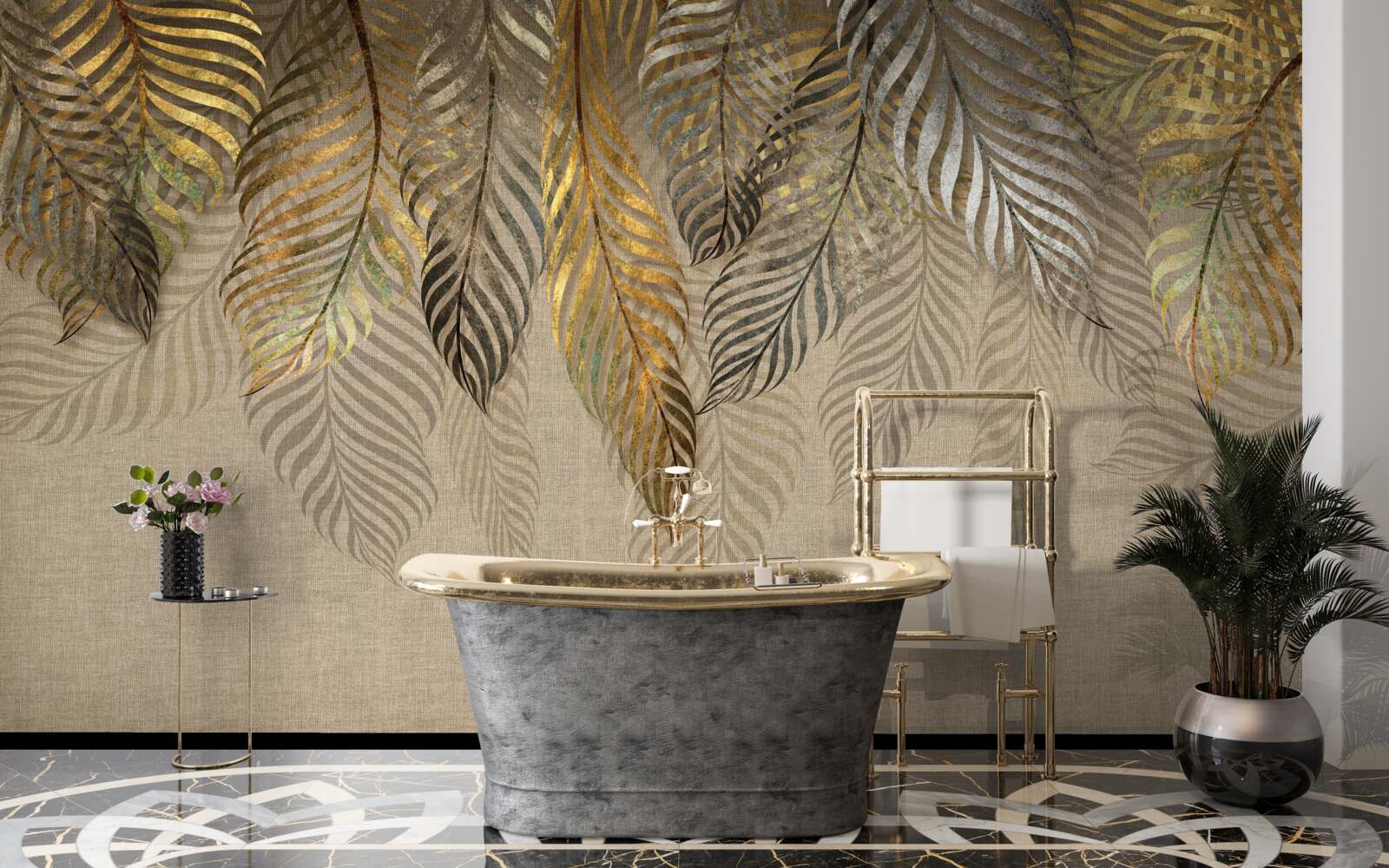 Papier peint feuilles de fougère dorées sur fond brun