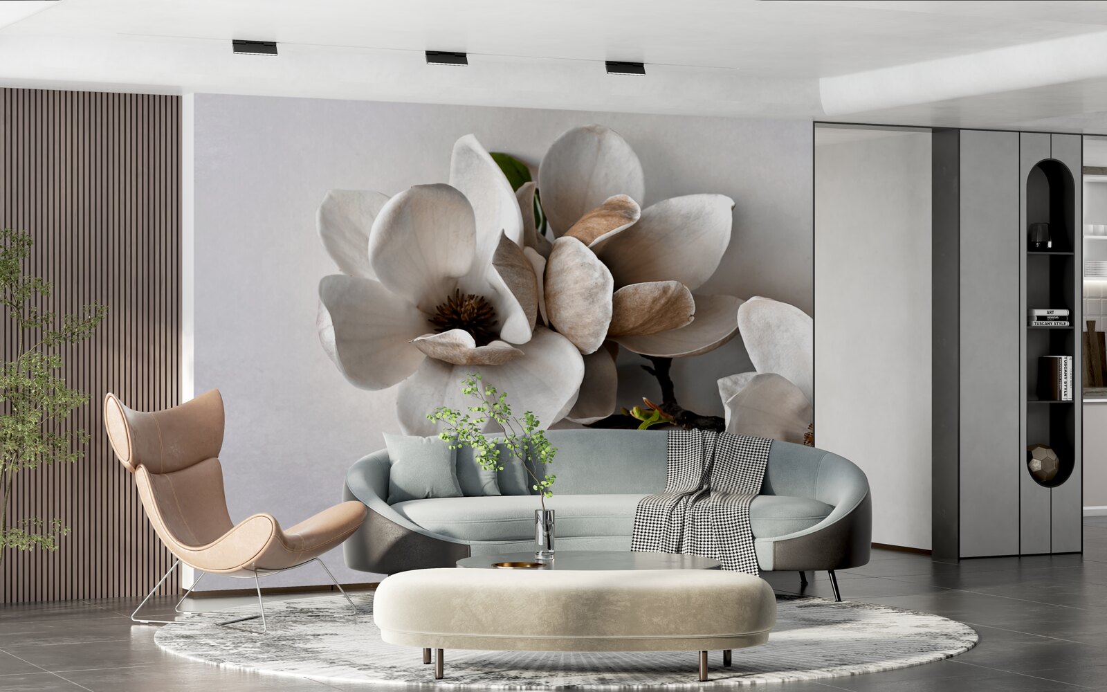 Papier peint branches avec fleurs blanches sur fond gris