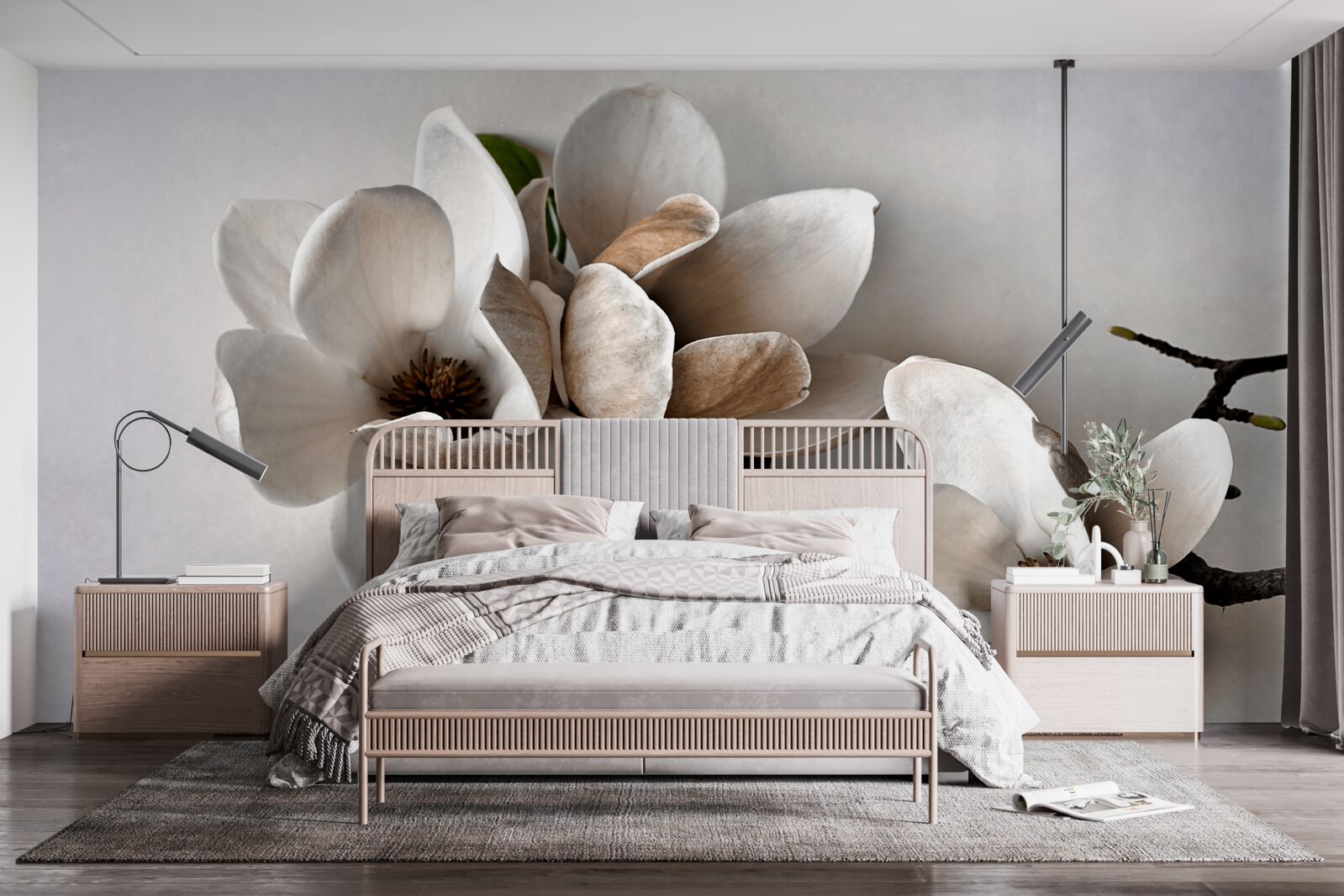 Papier peint branches avec fleurs blanches sur fond gris