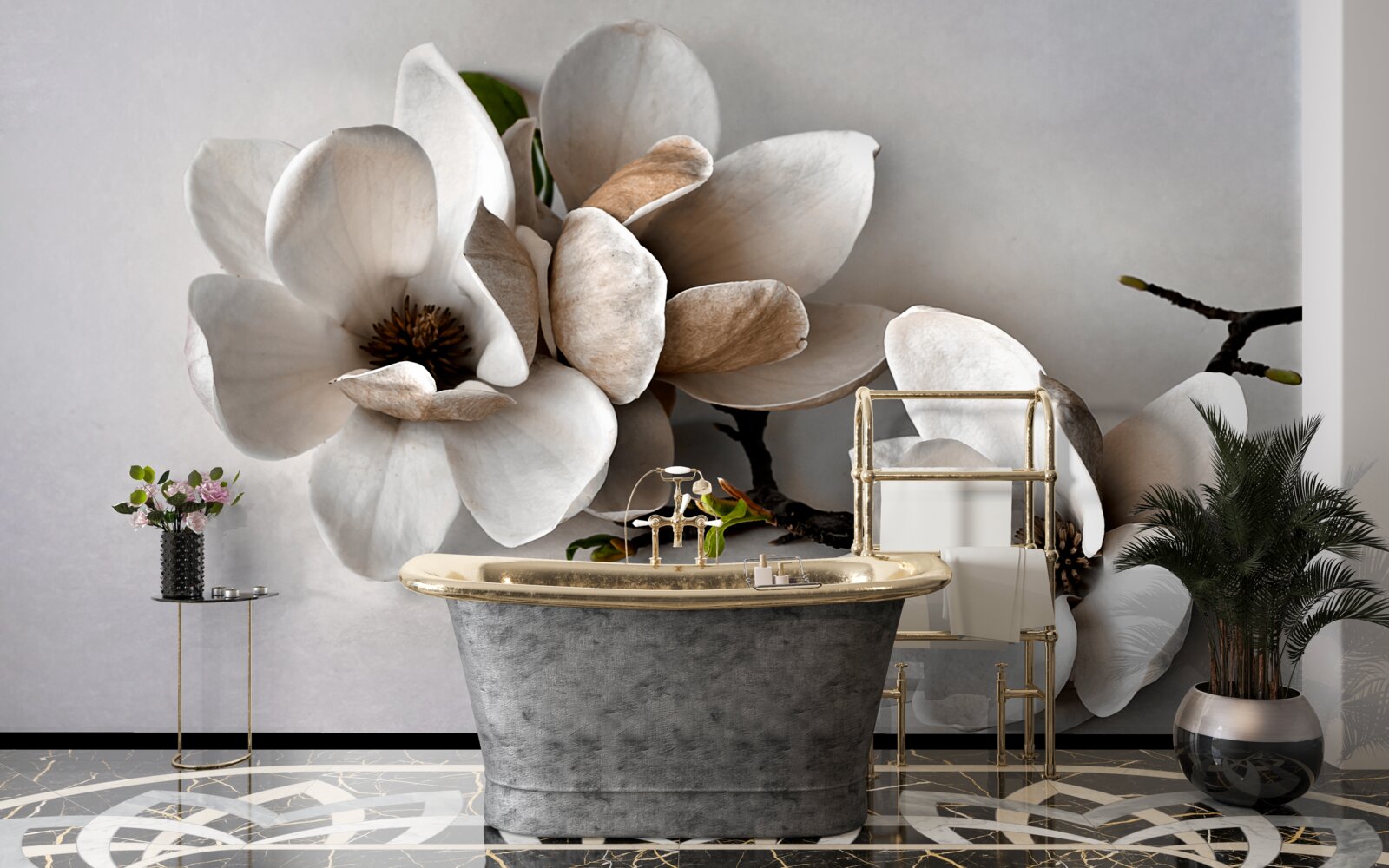 Papier peint branches avec fleurs blanches sur fond gris