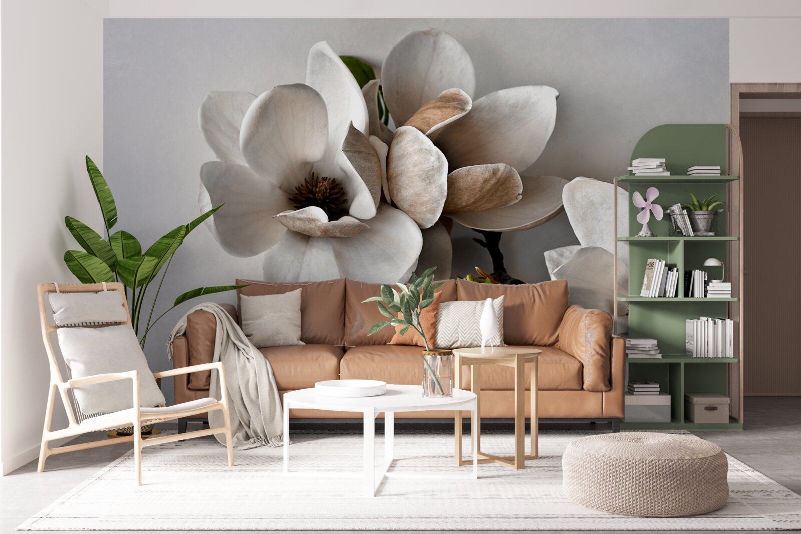 Papier peint branches avec fleurs blanches sur fond gris