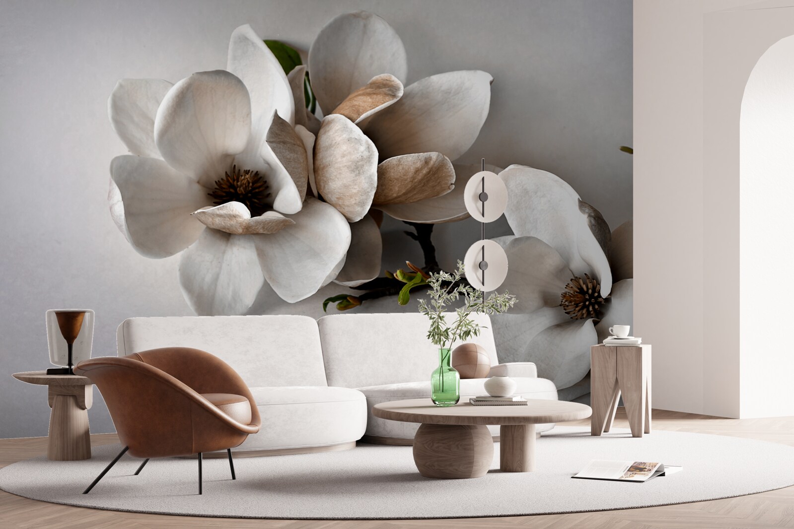 Papier peint branches avec fleurs blanches sur fond gris