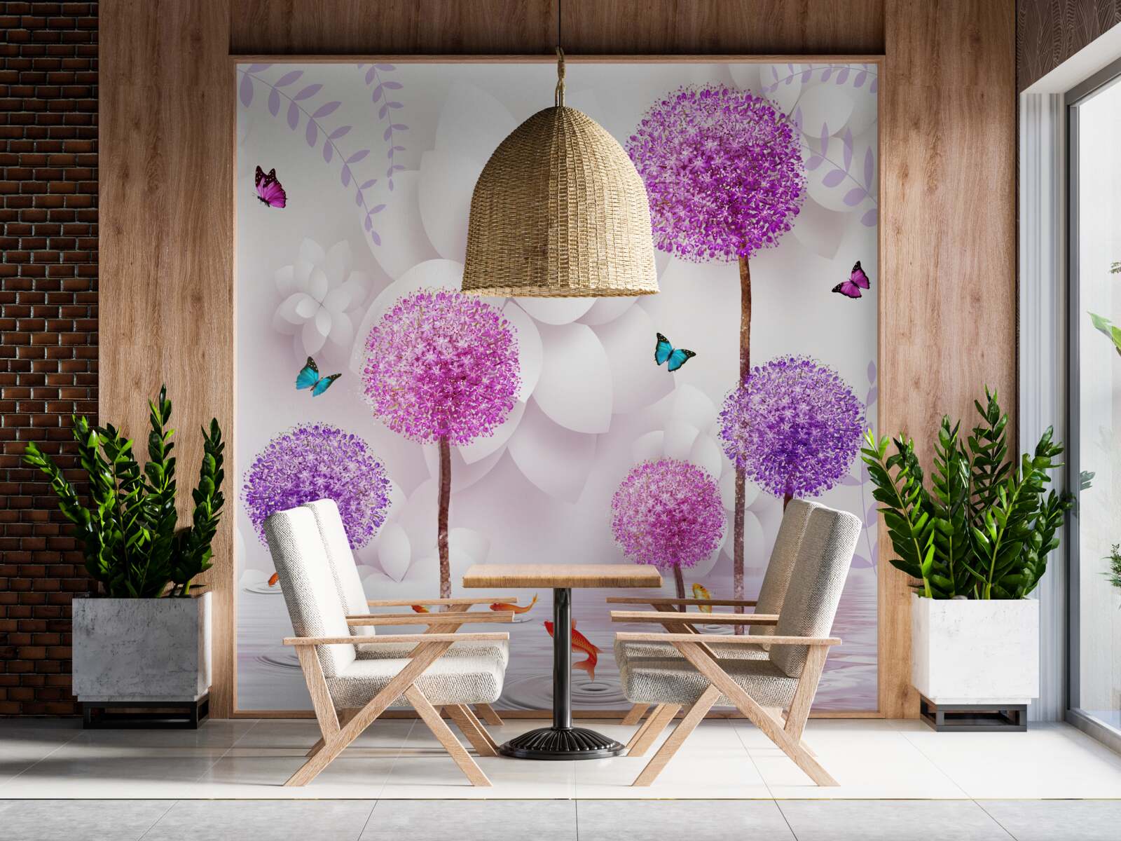 Papier peint des mille-pattes violets sont près de l'eau avec des papillons