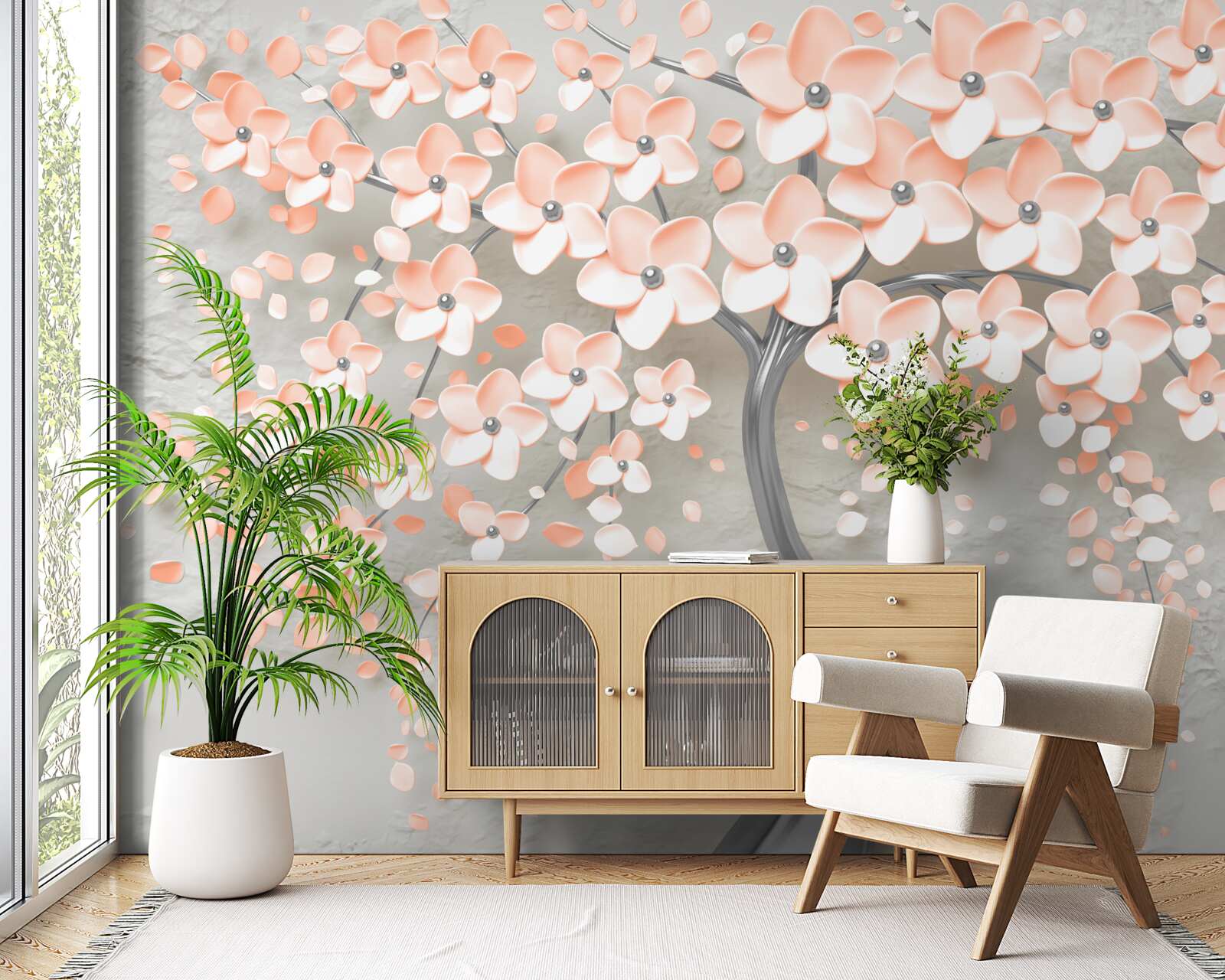 Papier peint arbre aux feuilles fleuries de couleur crème clair