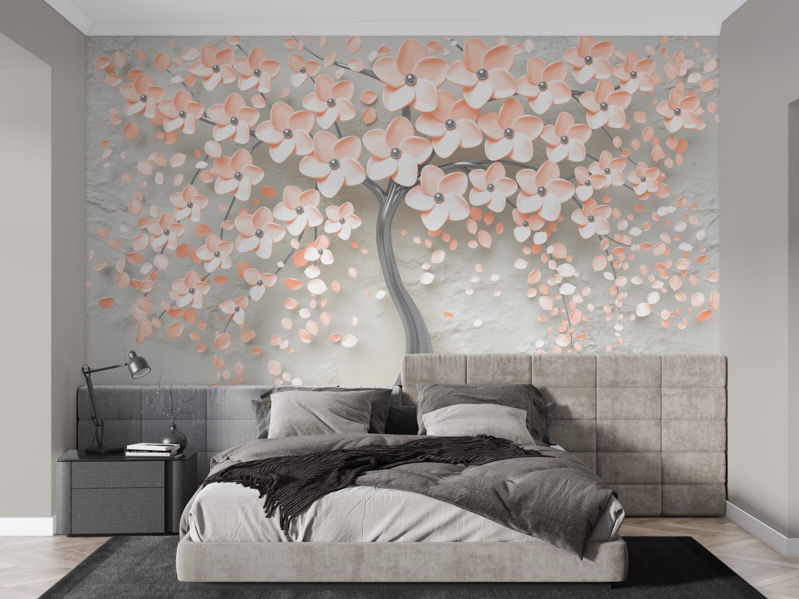 Papier peint arbre aux feuilles fleuries de couleur crème clair