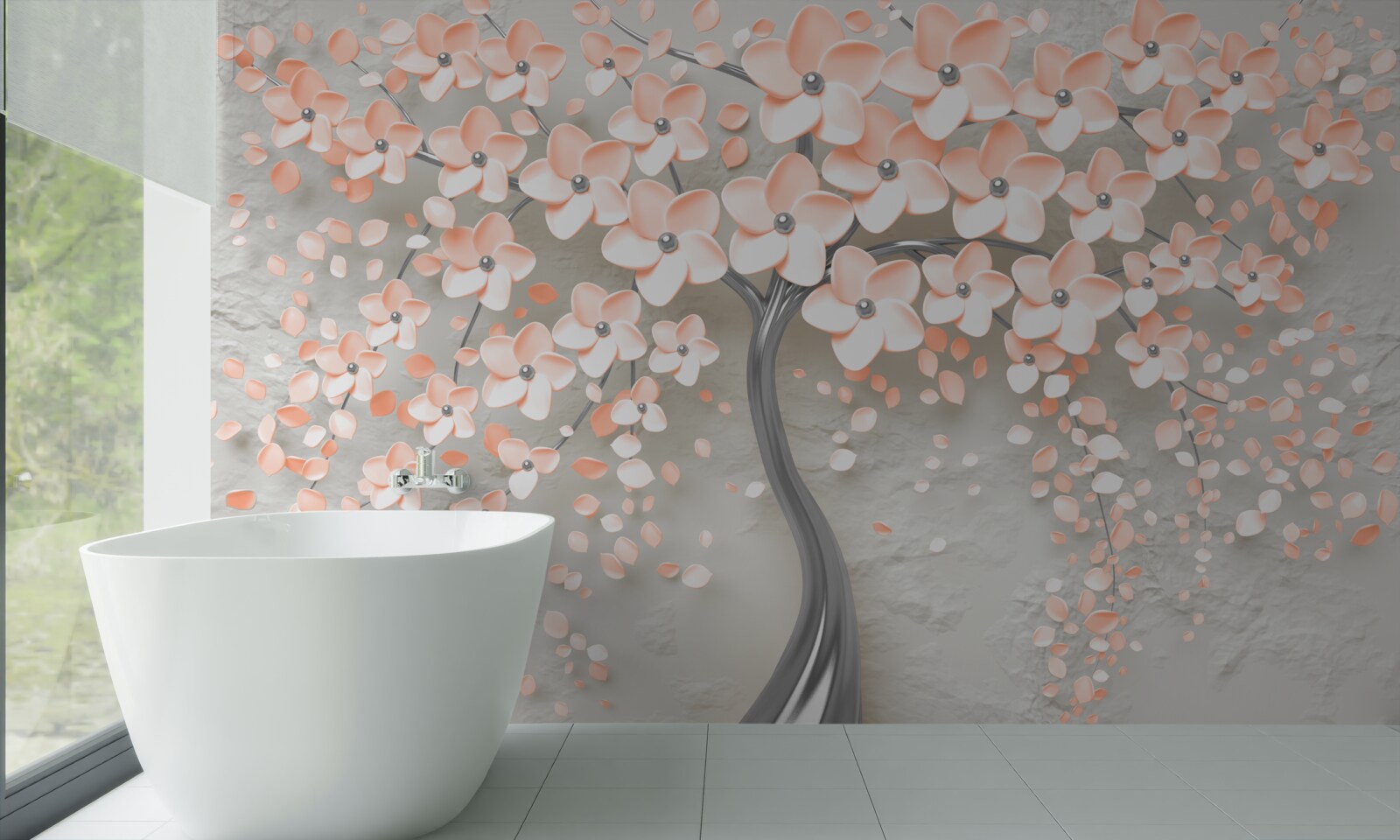 Papier peint arbre aux feuilles fleuries de couleur crème clair