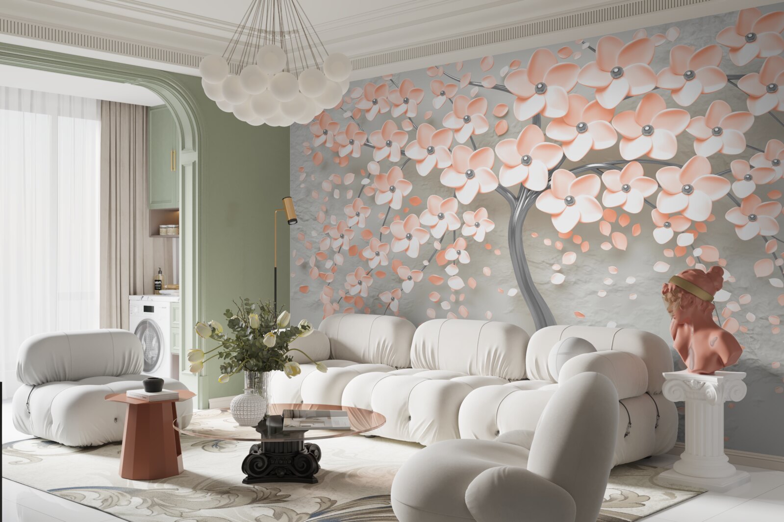 Papier peint arbre aux feuilles fleuries de couleur crème clair