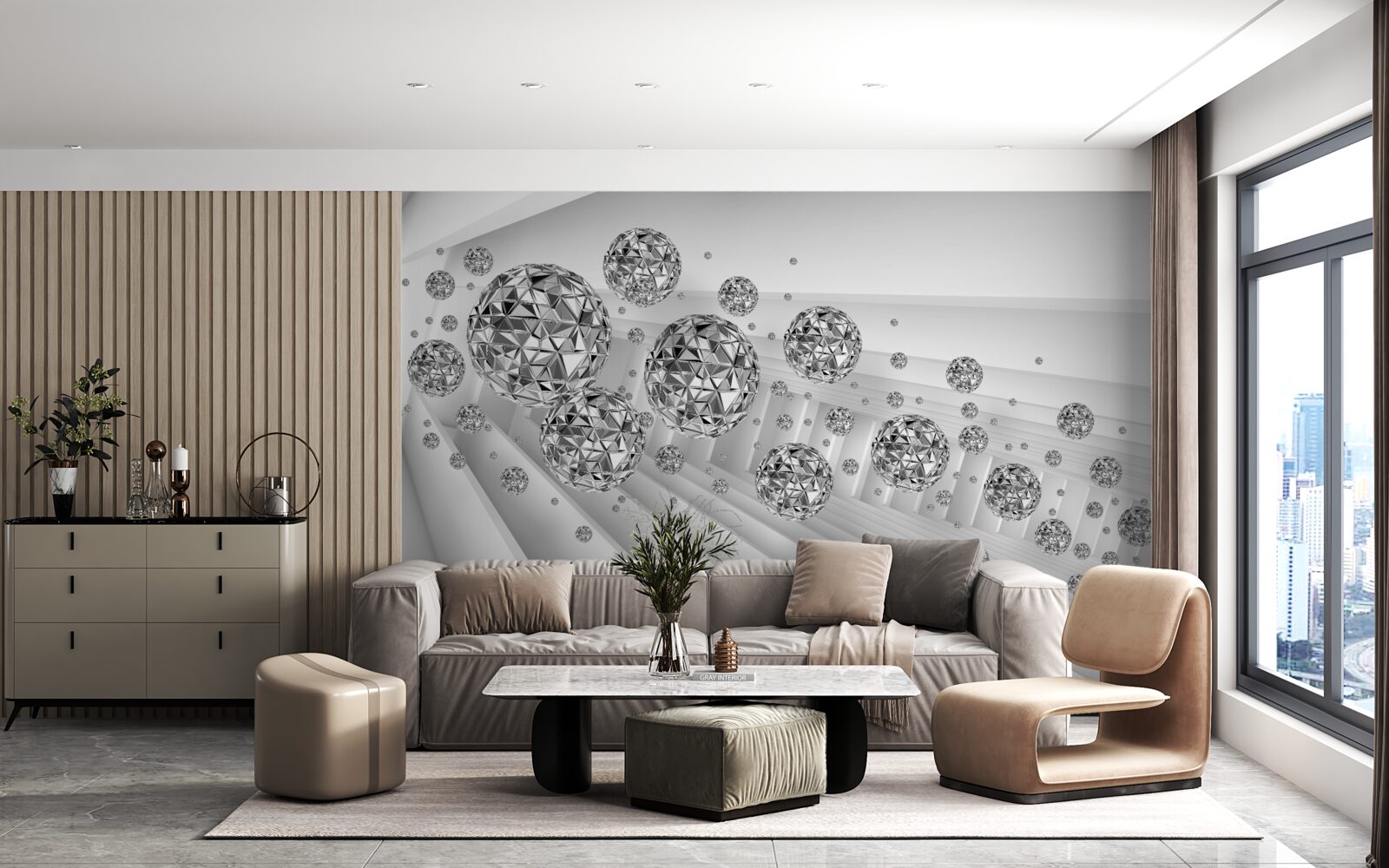 Papier peint boules avec diamants flottants