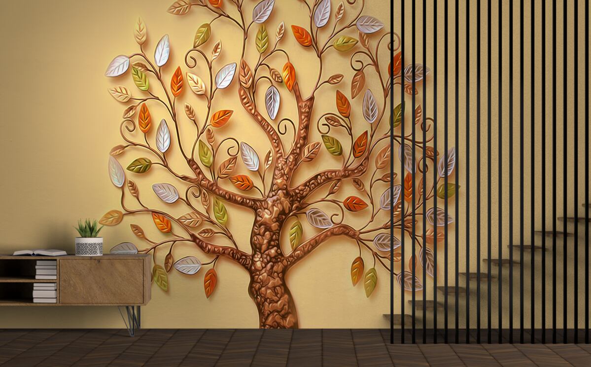 Papier peint bois en métal sur fond brun