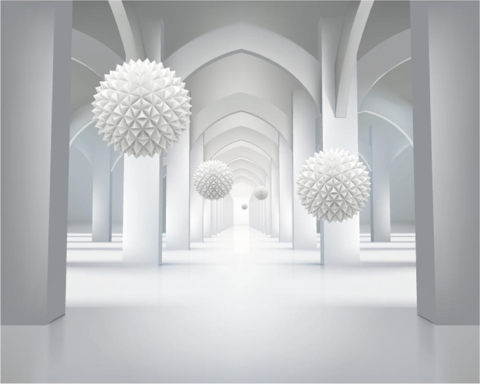 Papier peint abstrait avec des arcs géométriques et des sphères en lévitation