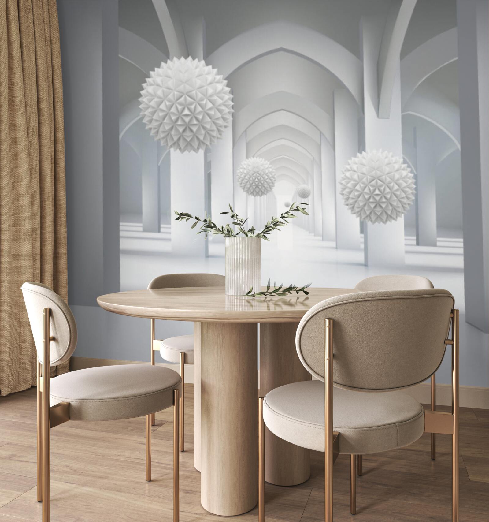 Papier peint abstrait avec des arcs géométriques et des sphères en lévitation