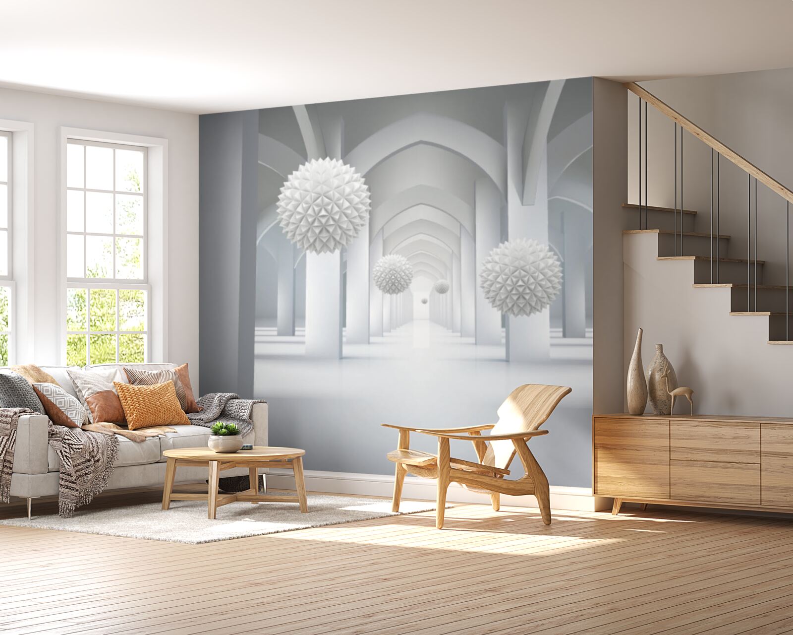 Papier peint abstrait avec des arcs géométriques et des sphères en lévitation