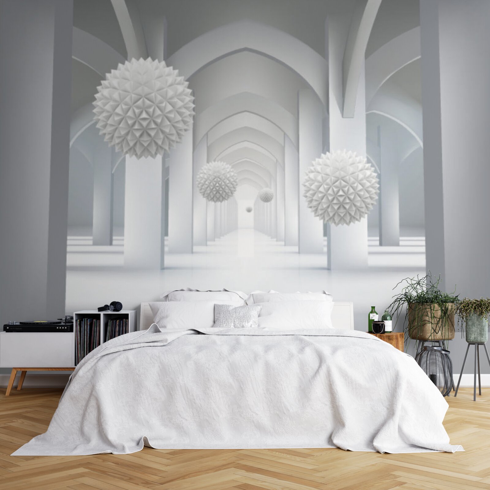 Papier peint abstrait avec des arcs géométriques et des sphères en lévitation