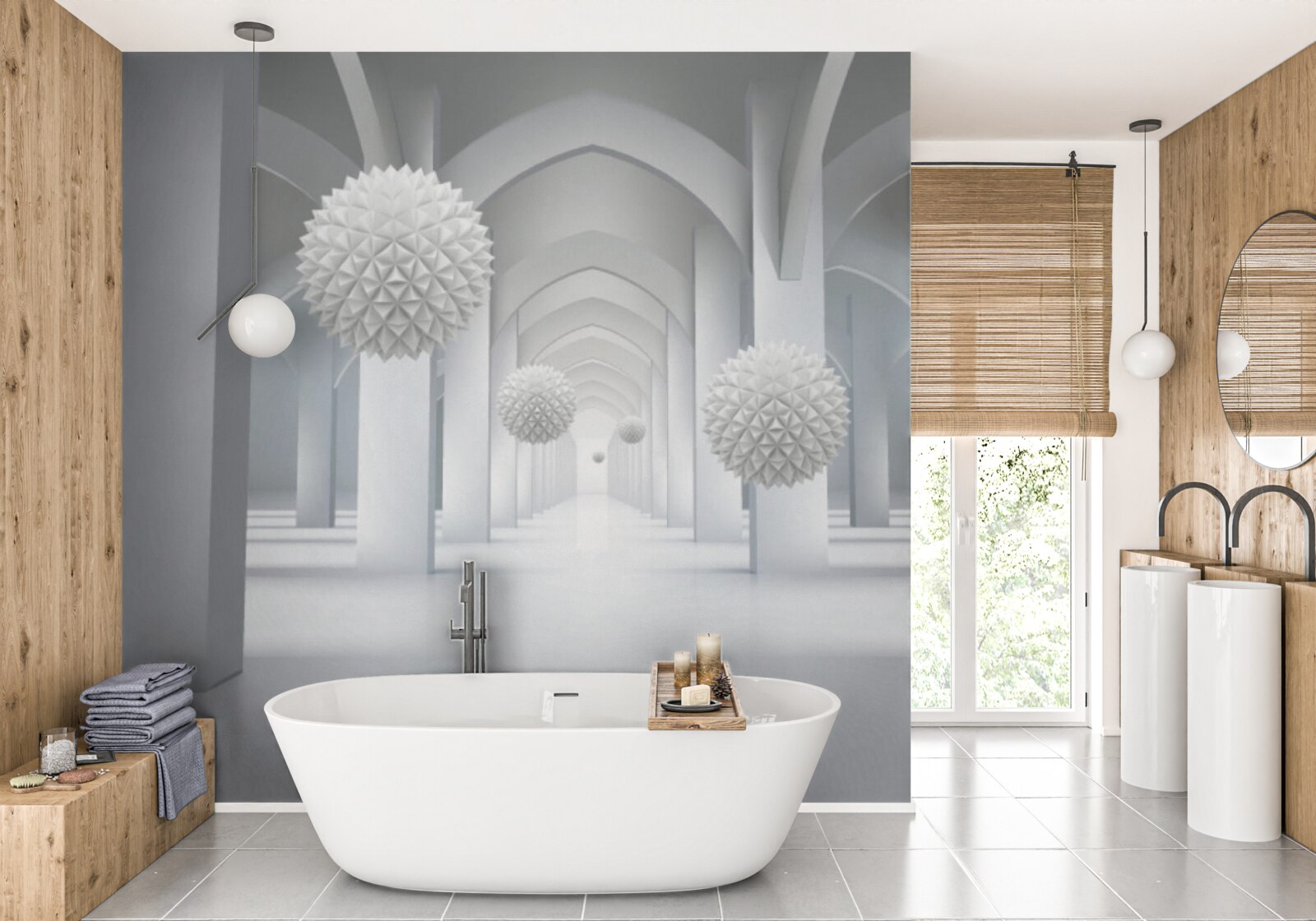 Papier peint abstrait avec des arcs géométriques et des sphères en lévitation