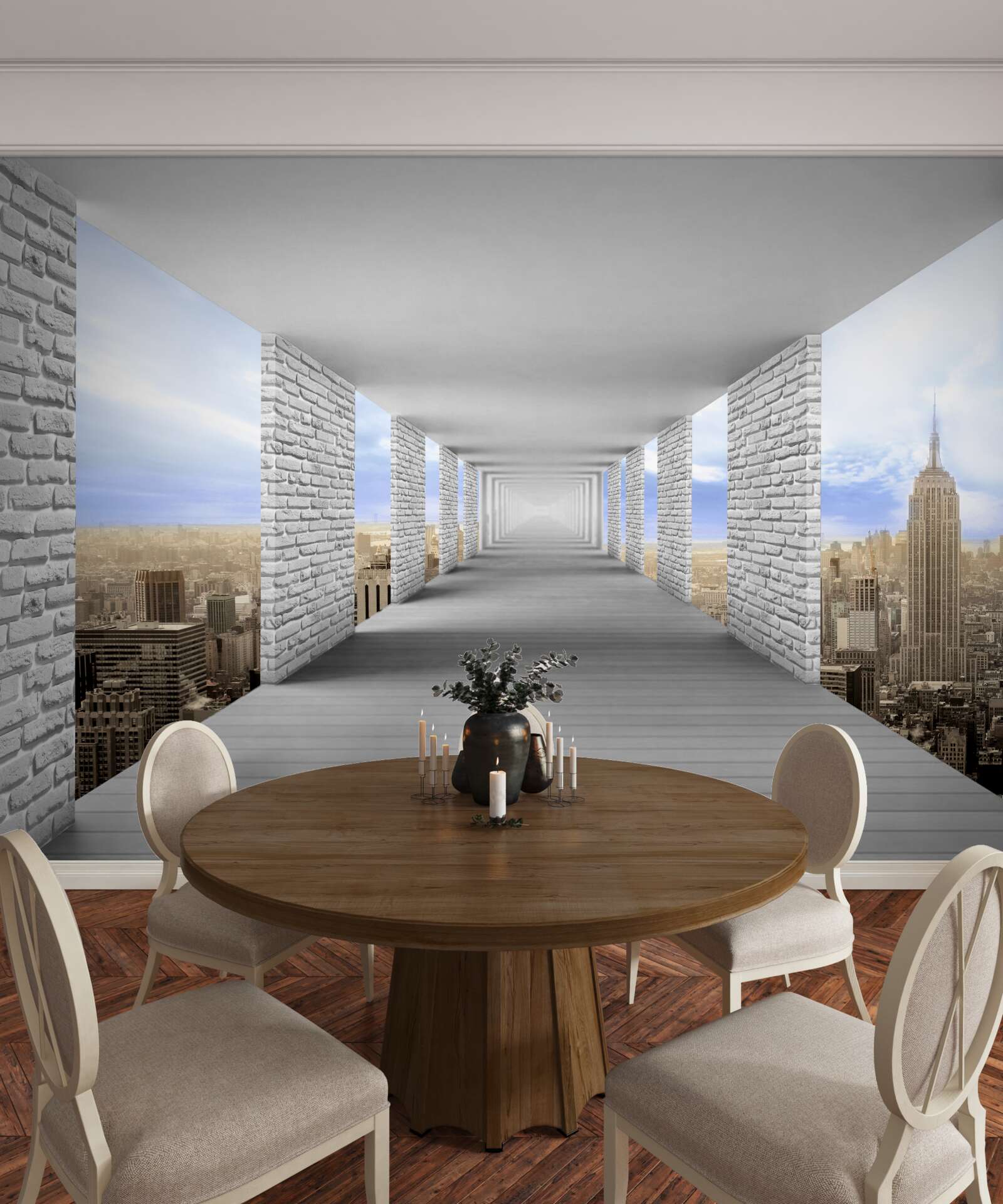 Papier peint couloir avec vue sur la ville dans un style abstrait