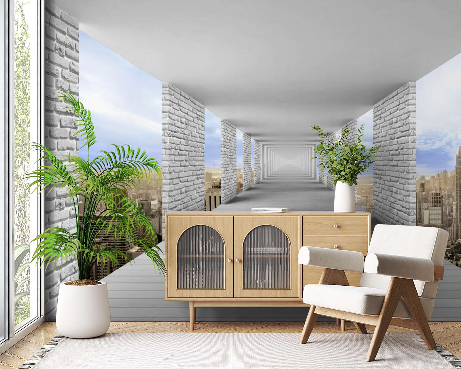 Papier peint couloir avec vue sur la ville dans un style abstrait