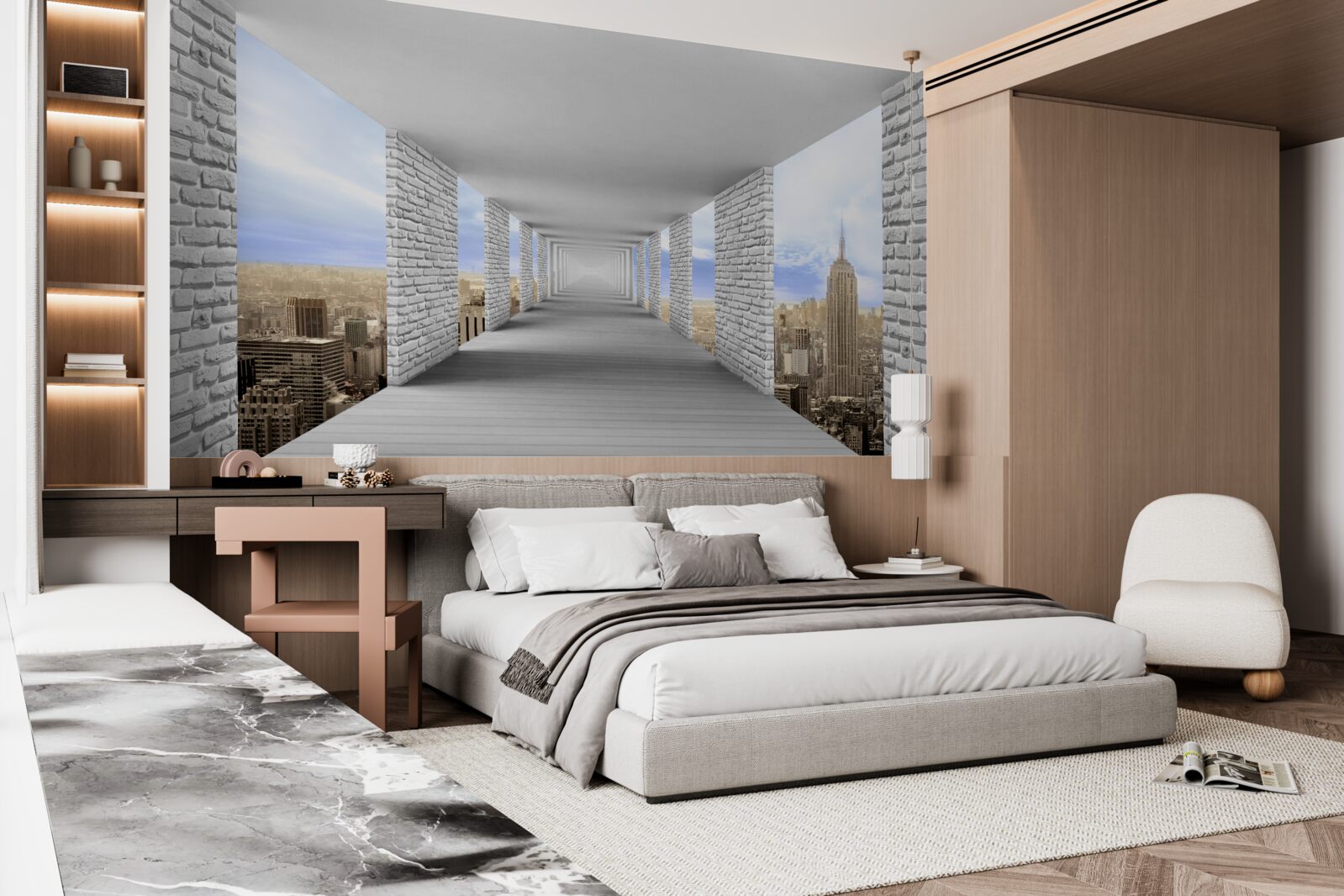 Papier peint couloir avec vue sur la ville dans un style abstrait