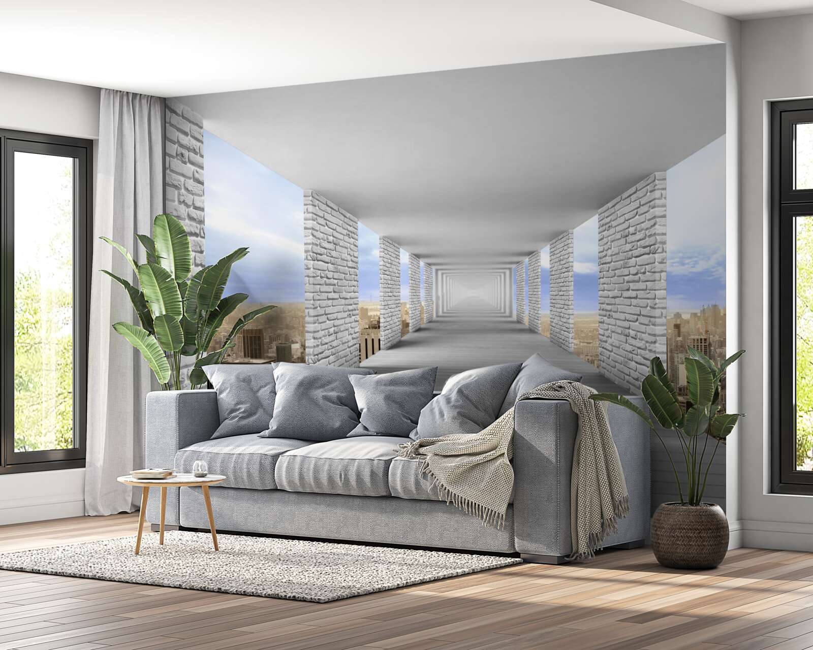 Papier peint couloir avec vue sur la ville dans un style abstrait