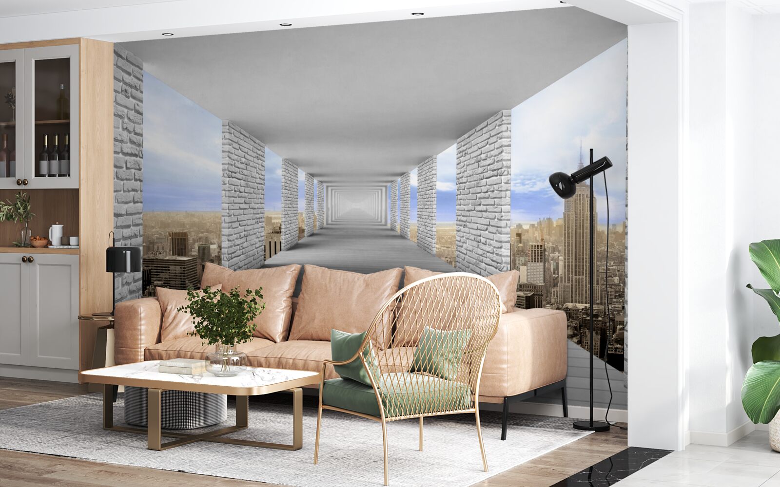 Papier peint couloir avec vue sur la ville dans un style abstrait