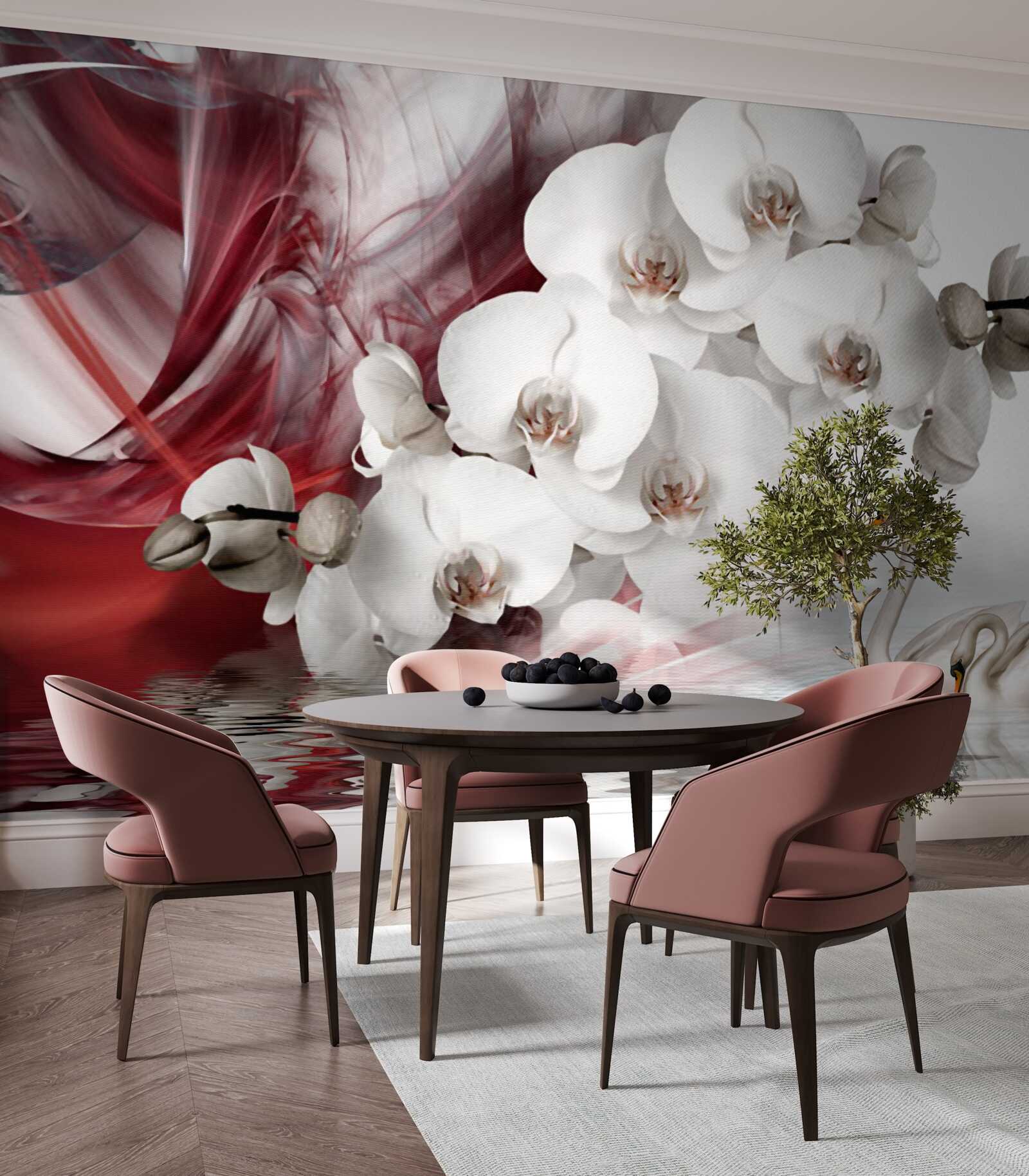 Papier peint orchidées à bourgeons blancs près d'un étang avec des cygnes