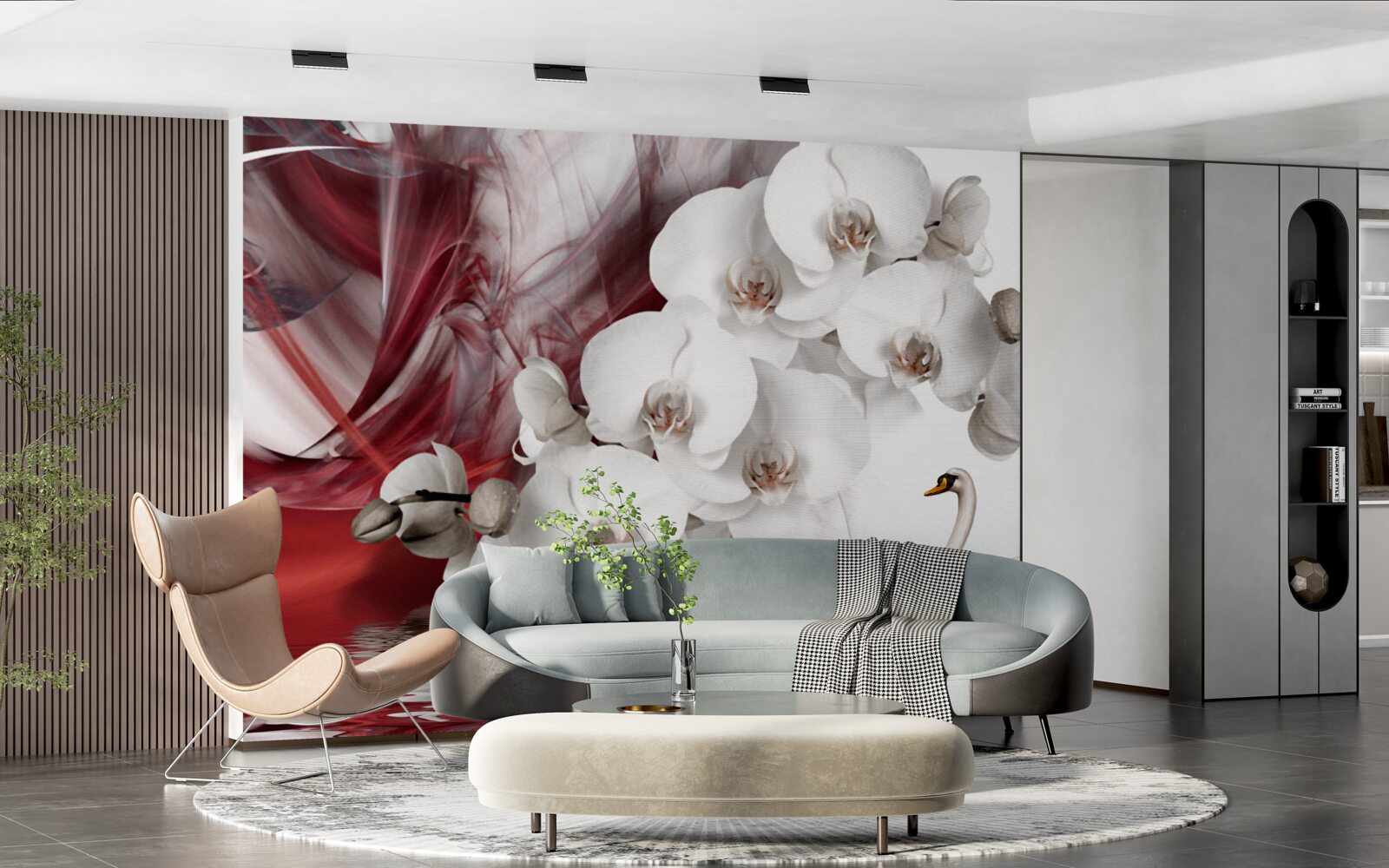 Papier peint orchidées à bourgeons blancs près d'un étang avec des cygnes