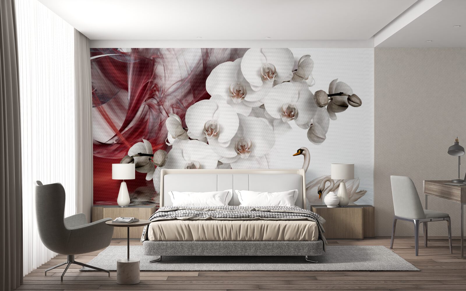 Papier peint orchidées à bourgeons blancs près d'un étang avec des cygnes