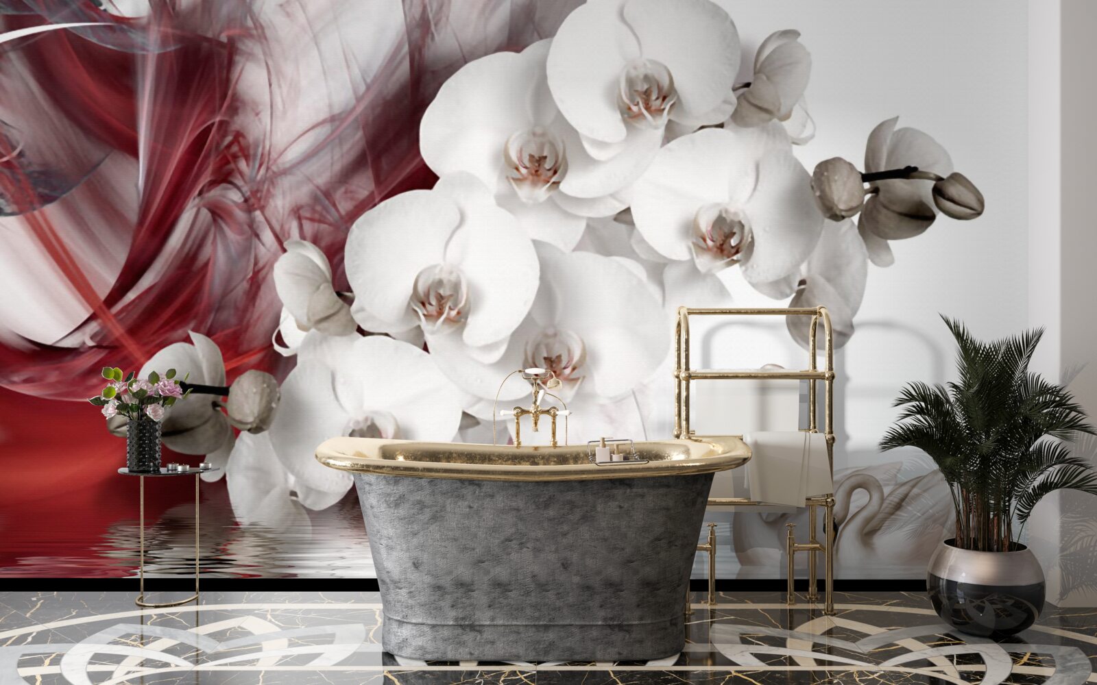 Papier peint orchidées à bourgeons blancs près d'un étang avec des cygnes