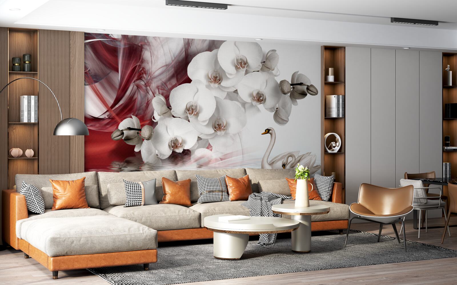 Papier peint orchidées à bourgeons blancs près d'un étang avec des cygnes