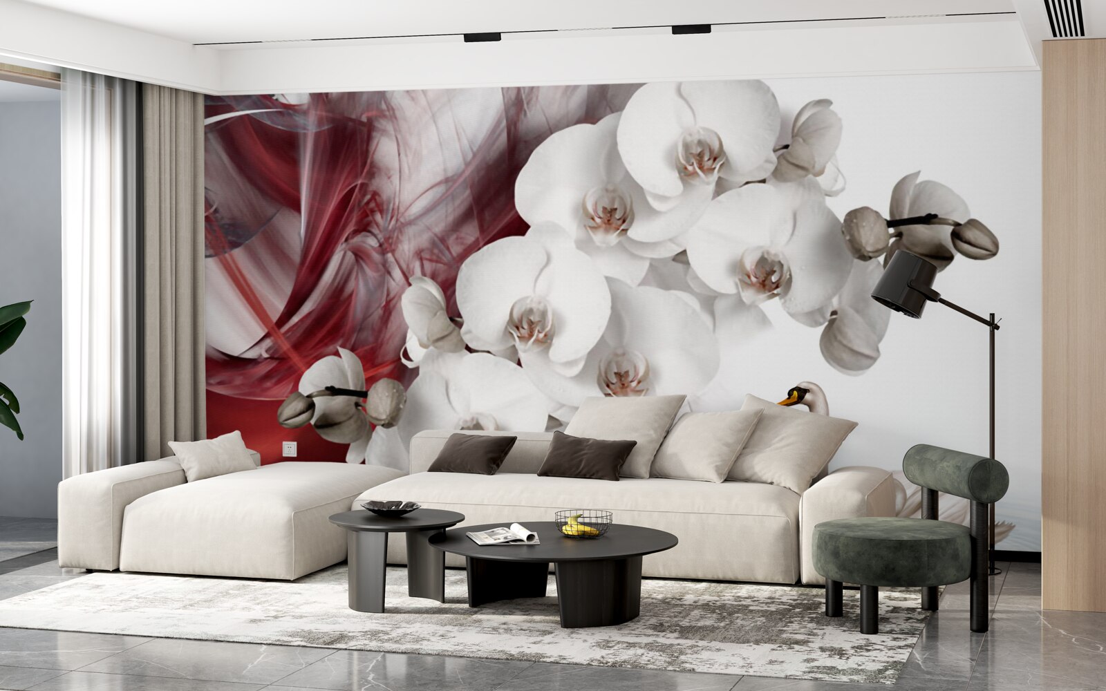 Papier peint orchidées à bourgeons blancs près d'un étang avec des cygnes